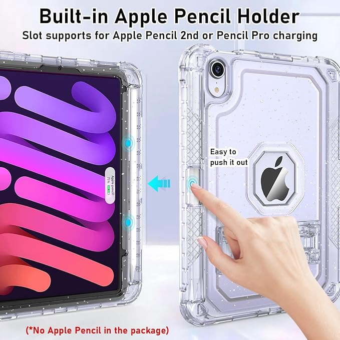ZoneFoker Case for iPad mini A17 Pro, for iPad mini 7th/6th Generation Case 8.3 inch 2024/2021 with Pencil Holder/Stand, Slim Cover for i Pad Mini 7/6 (Clear Glitter)