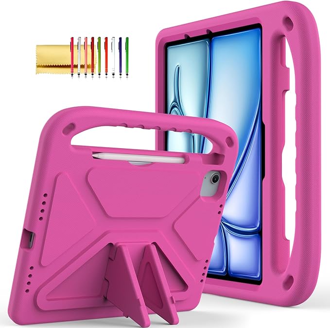 Dteck Kids Case for iPad Air 11 Inch M2(2024),iPad Pro 11 inch M4 2024 Case with Pencil Holder, Shockproof Rugged Protective Handle Stand Kids EVA Foam Case for iPad Air 11"/iPad Pro 11"(2024),Rose