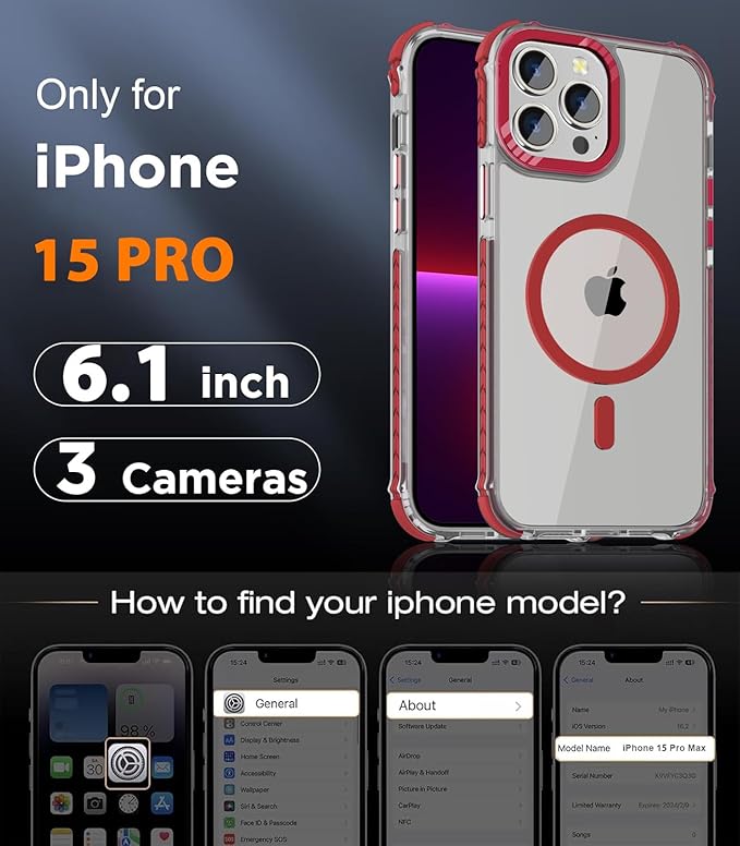 DEERLAMN Strong Magnetic Case for iPhone 15 Pro 6.1-Inch,[Compatible with Magsafe] Clear Slim Shockproof Protective Phone Cover for Women Men-Transparent+Red