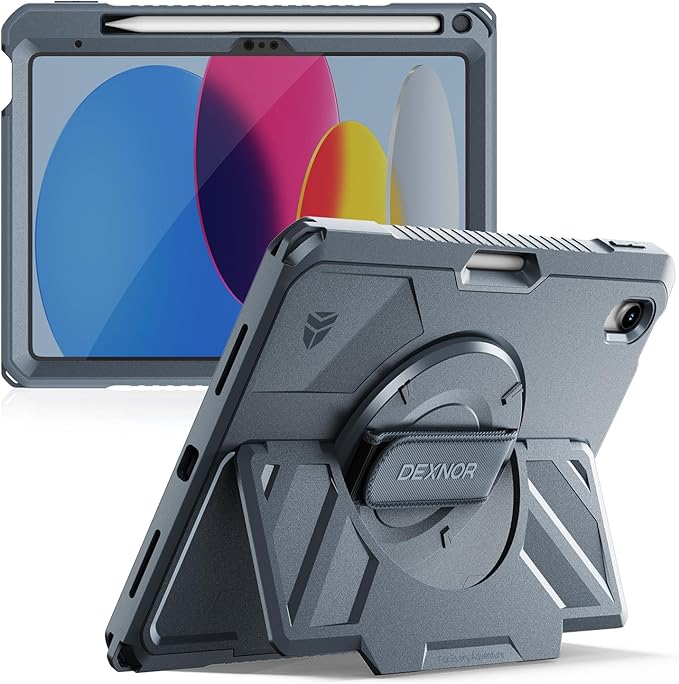 Dexnor Case for iPad (A16) 11th/10th Generation 2025/2022 (11″/10.9″),Rugged Protective Case with 360° Rotating Hand Strap& Stand & Screen Protector & Pencil Holder Shockproof Full-Body Cover, Blue