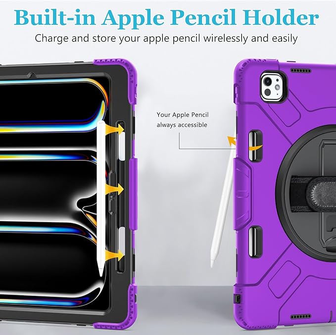 Case for iPad Pro 13 Inch M5 2025/ M4 2024: Military Grade Cover for iPad Pro 13" with Screen Protector - Stand - Handle - Shoulder Strap - Pencil Holder- Purple