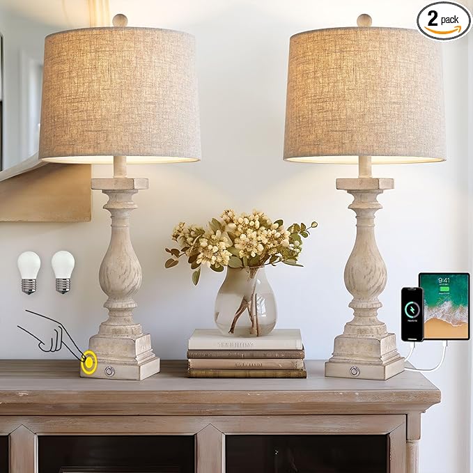 BOBOMOMO 27" Farmhouse Black Table Lamp Set of 2 with USB A+C for Bedroom Living Room Vintage Rustic Traditional Nightstand Bedside Lamps Retro Side Table Lamps (Blubs not Included)