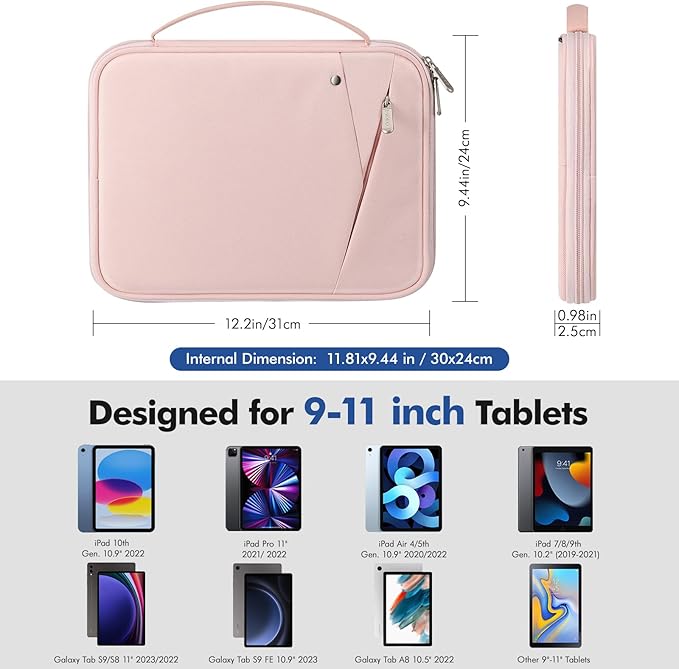 MoKo 9-11 Inch Tablet Sleeve Carrying Case with Handle, Padded Protective Travel Bag for New 11-inch iPad Air 4 2026/Pro M5/ A16, iPad 10th/Air 5/4th 10.9, i-Pad 9/8th 10.2,Tab S9/S8 11, Pink