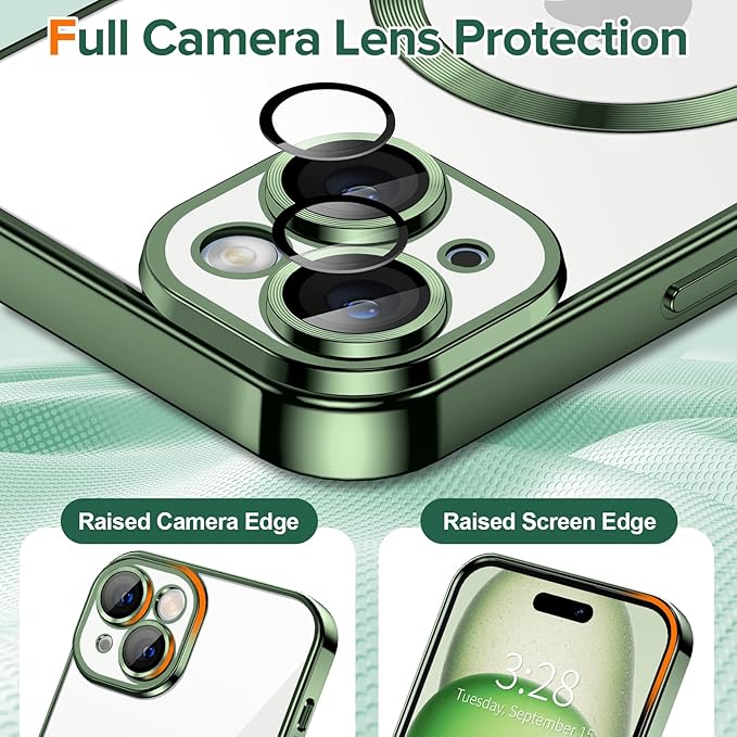 Hython Magnetic Clear for iPhone 15 Plus Case with Camera Lens Protector [Compatible with MagSafe] Luxury Plating Edge Slim Soft TPU Cover Protective Phone Case for iPhone 15 Plus 6.7", Deep Green