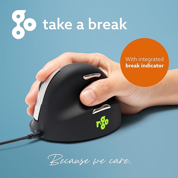 R-Go HE Ergonomic Mouse for big hand, With Break Software, USB-C Wired (with USB A Converter), Vertical design, Anti carpal tunnel, Silent Click, Customisable buttons, For Windows/MacOS, Black/Silver