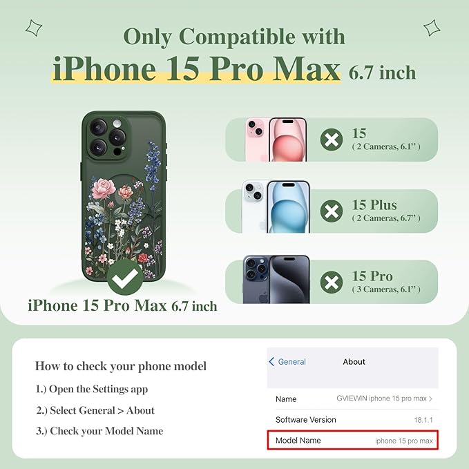 GVIEWIN for iPhone 15 Pro Max Case Compatible with MagSafe, [Military Grade Protection] [Screen Protector] Full Camera Protection Floral Translucent Women Magnetic Phone Case, Lush Garden/Forest Green