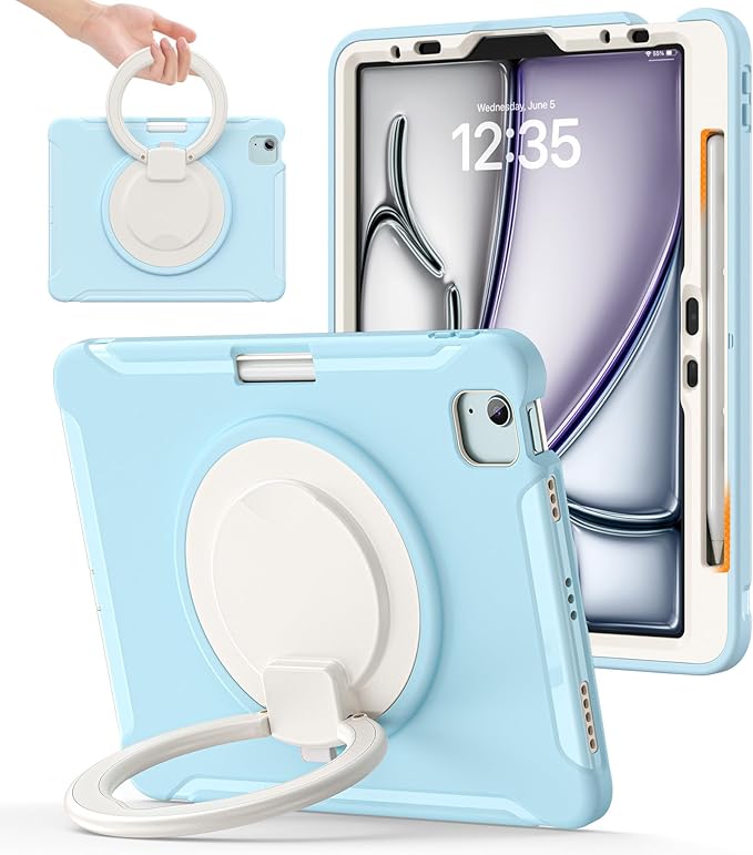 BATYUE Shockproof Case for iPad Air 11" M2/M3/M4, Air 4/5 10.9", iPad Pro 11" 1st-4th Gen 2018-2022 | 360° Multi-Angle Stand (Portrait & Landscape) & Grip, Built-in Pencil Holder, Frozen Blue