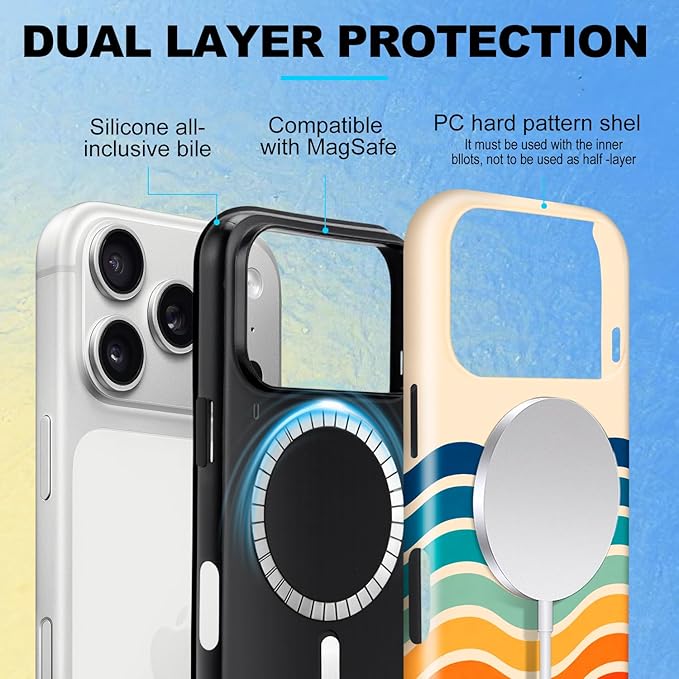 Magnetic for iPhone 17 Pro Case Cute Stripes Phone Case, Shockproof Slim TPU and Hard PC Protective Phone Cover Compatible with MagSafe Designed for Women Girls,Retro Wave