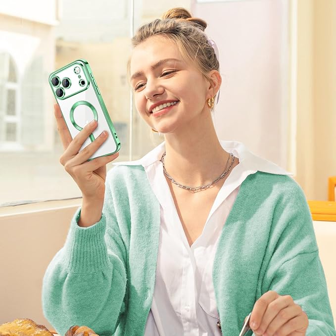 Hython Magnetic Clear for iPhone 17 Pro Max Case with Camera Lens Protector [Compatible with MagSafe] Plating Edge Slim Soft TPU Cover Protective Phone Case for iPhone 17 Pro Max 6.9", Light Green