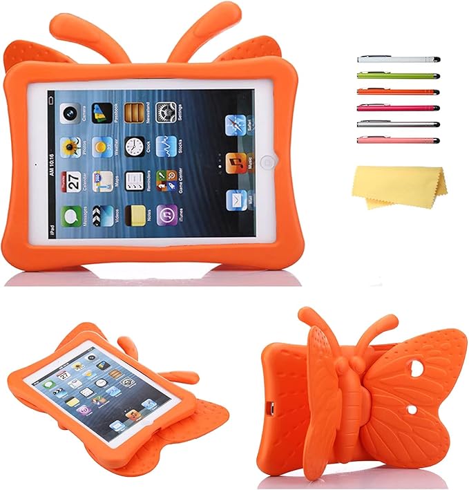 Kids Case for Apple iPad Mini 5/Mini 4/Mini 3/Mini 2/Mini 1 with kickstand Soft EVA Foam Lightweight Shockproof Stand Cover for iPad Mini 5th/4th/3rd/2nd/1st Generation 7.9", Orange Butterfly