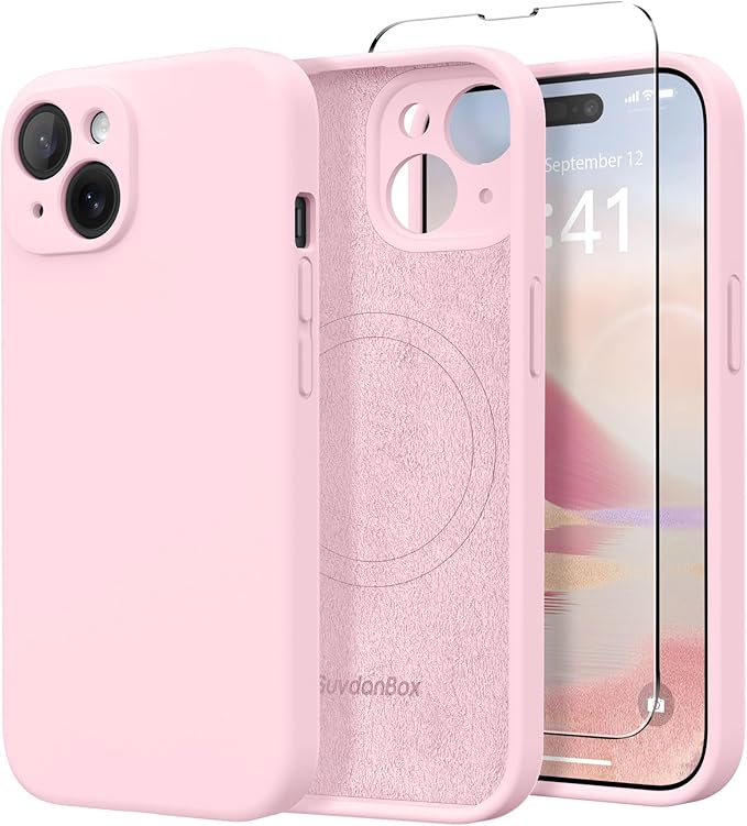 Magnetic for iPhone 14 Case, Compatible with MagSafe, [Full Camera Protection][Screen Protector] Silicone Shockproof Protective Phone Case for iPhone 14 6.1 inch, Chalk Pink