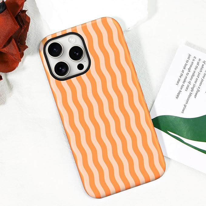 Magnetic for iPhone 15 Plus Case Cute Wavy Stripes Phone Case, Shockproof Slim TPU and Hard PC Protective Phone Cover Compatible with MagSafe Designed for Women Girls, Orange