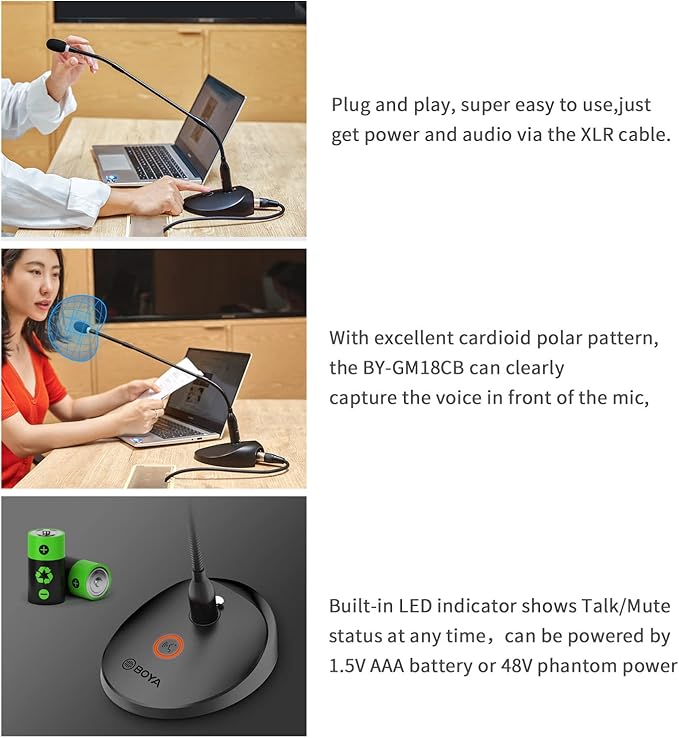 BOYA Desktop Gooseneck Condenser Microphone 18" Podium Microphones with Base LED Indicator XLR Mic for Meetings Video Conferences Streaming Lectures BY-GM18CB