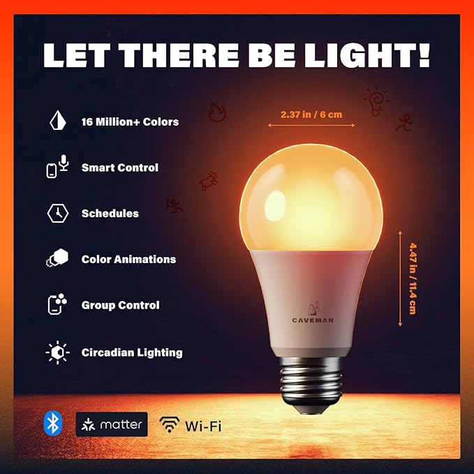Caveman Matter & WiFi A19 Smart LED Light Bulb, RGBW Color Changing, Tunable Warm & Cool White 800LM (60W Equivalent) – Alexa, Google Home, Apple Home Bulb (4pk)