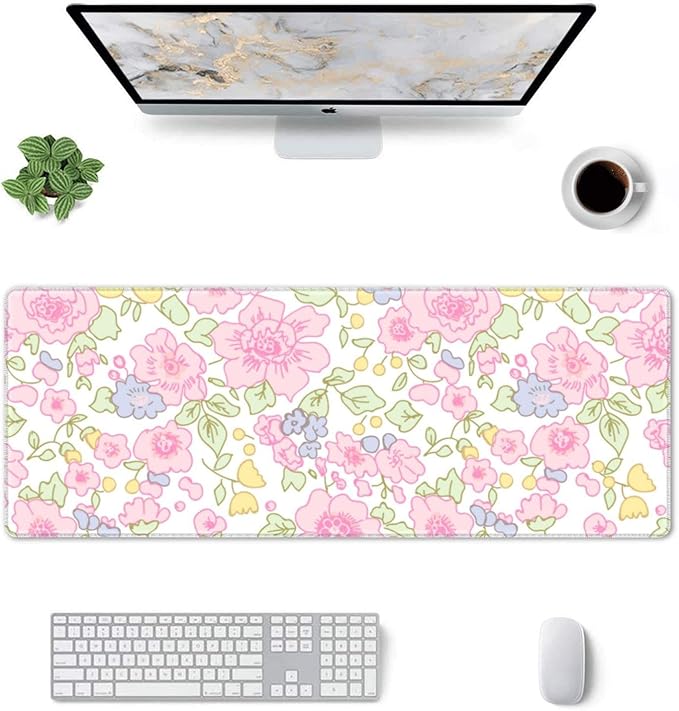 Cute Flowers Pink Floral Gaming Mouse Pad Large XL Desk Mat Long Extended Pads Big Mousepad for Home Office Decor Accessories 31.5 X 11.8 Inch