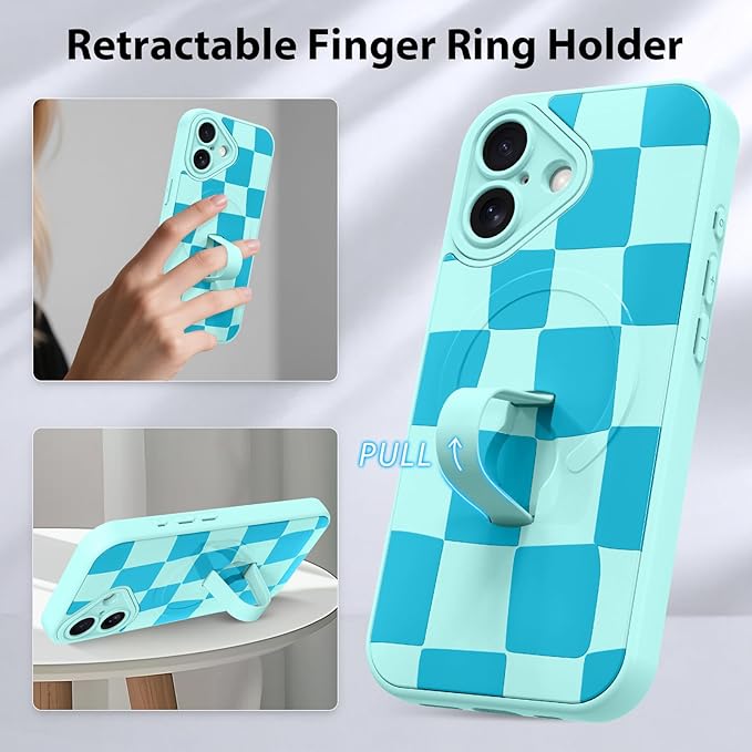 KANGHAR Compatible with iPhone 16 Case, Support for MagSafe, Silicone Checkered Cute Pattern, Wristband Kickstand Camera Protection Soft Slim Cover for Girls Women -Blue