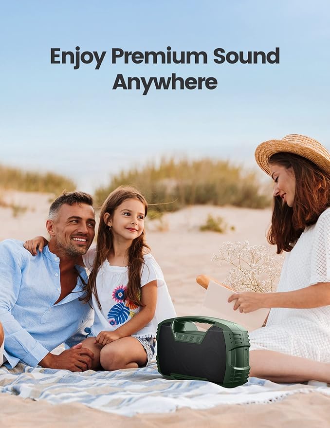 IPX7 Waterproof Outdoor Bluetooth Speaker, Wireless, 90W(Peak), 32H Playtime, Floating Design, Deep Bass & Loud Stereo Sound, Portable with Handle, Rugged for Pool, Beach, Kayaking, Hiking, Green