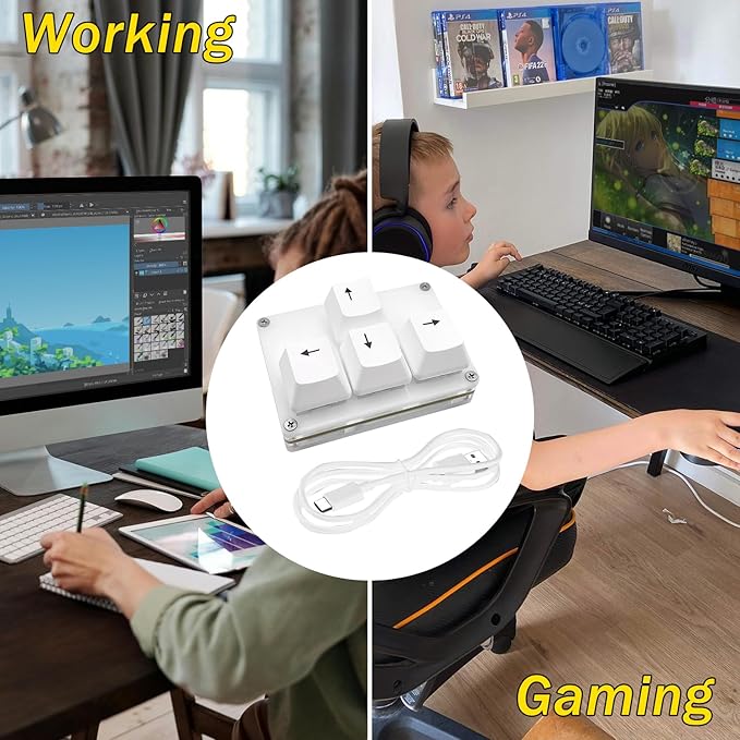 BTXETUEL Mini 4-Key Keypad WASD Arrow Key Keycaps Keyboard One-Handed Mechanical Gaming Keypad Programmable USB-C Customized Keyboard for Working or Gaming (White, Arrow Keycaps 2)