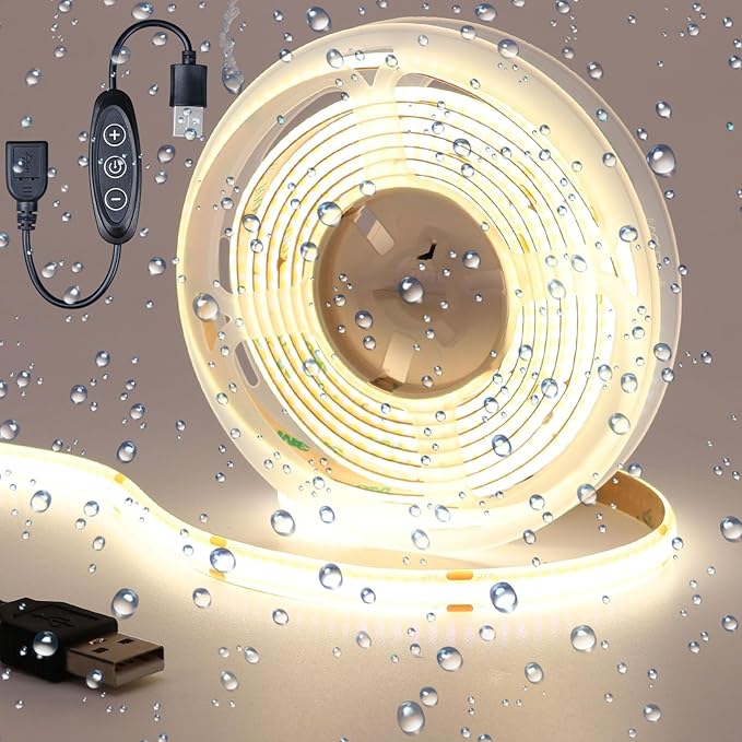 DC 5V USB COB LED Strip Light Natural White 4000K Dimmable IP65 Waterproof CRI 93+ USB Powered 6.6ft/2M 640LEDs with Dimmer High Brightness Flexible LED Tape Lights