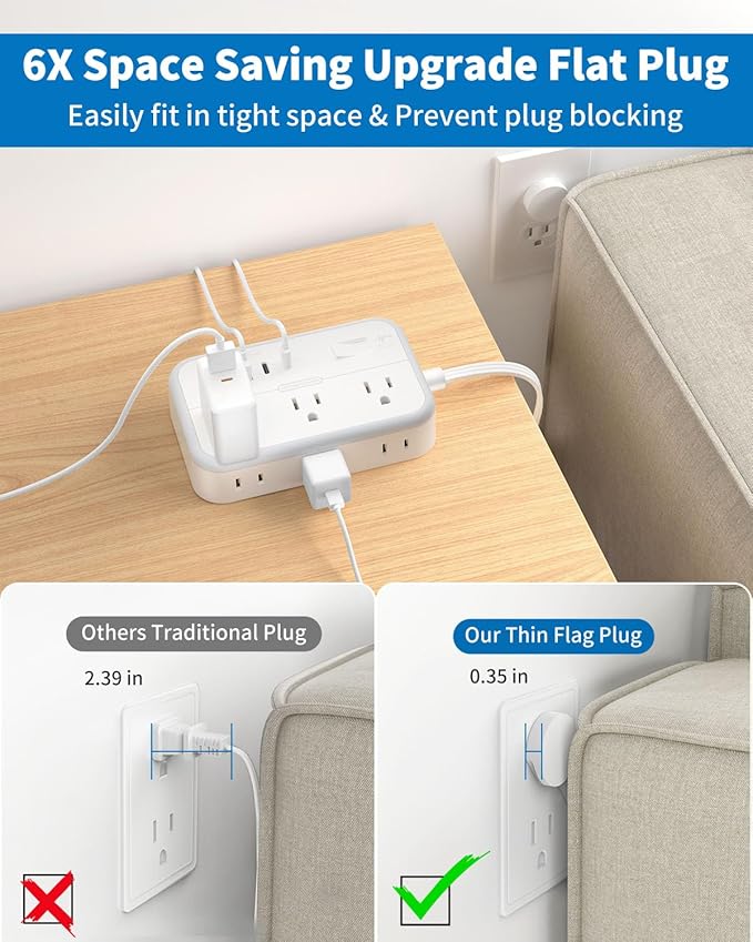 Flat Extension Cord 25 ft, NTONPOWER Power Strip with 6 Outlets 4 USB Ports(2 USB C),Flat Plug, Multiple Outlets, Mounted, Outlet Extender, Overload Protection for Indoor, Home, Office