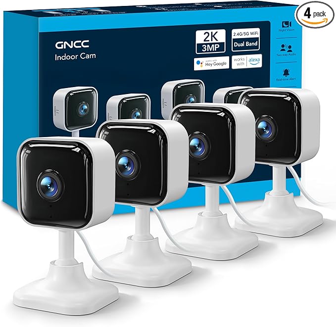 GNCC 2K Cameras for Home Security Indoor, 2.4G/5G Pet Cam with Phone App, Mini Dog Camera w/Motion Detection, 2 Way Audio, Works with Alexa, Cloud Subscription Required, Fixed View, Plug-in, 4Pack