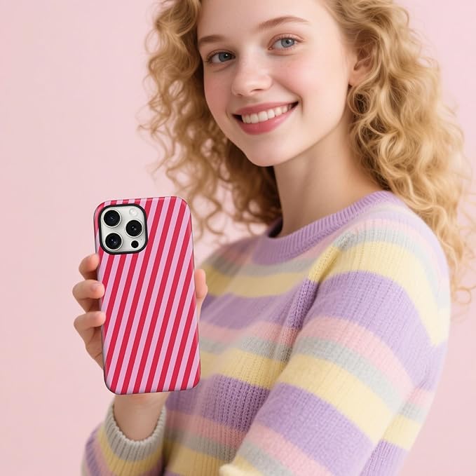 Magnetic for iPhone 16 Pro Case Cute Diagonal Stripes Phone Case, Shockproof Slim TPU and Hard PC Protective Phone Cover Compatible with MagSafe Designed for Women Girls,Red
