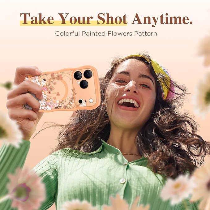 GVIEWIN for iPhone 17 Pro Case Compatible with MagSafe [Curly Wave Edge][Full Camera Protection] Floral Translucent Shockproof Magnetic Women Phone Case for iPhone 17 Pro 6.3'', Campanula/Orange