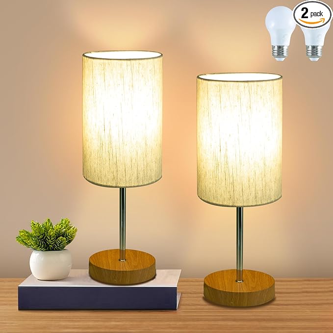 RISLG 2 Pack Small Table Lamps, Bedside Lamps for Nightstand with Wire Switch, Modern Minimalist Desk Lamp with Linen Fabric Shade for Dorm Kids Room Living Room Office Bedroom, Bulb Included-L
