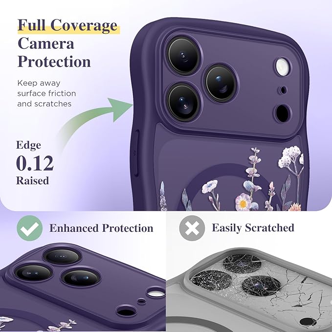 GVIEWIN for iPhone 17 Pro Max Case Compatible with MagSafe [Curly Wave Edge][Full Camera Protection] Floral Translucent Shockproof Magnetic Women Phone Case for 17 Pro Max, Floratopia/Deep Purple