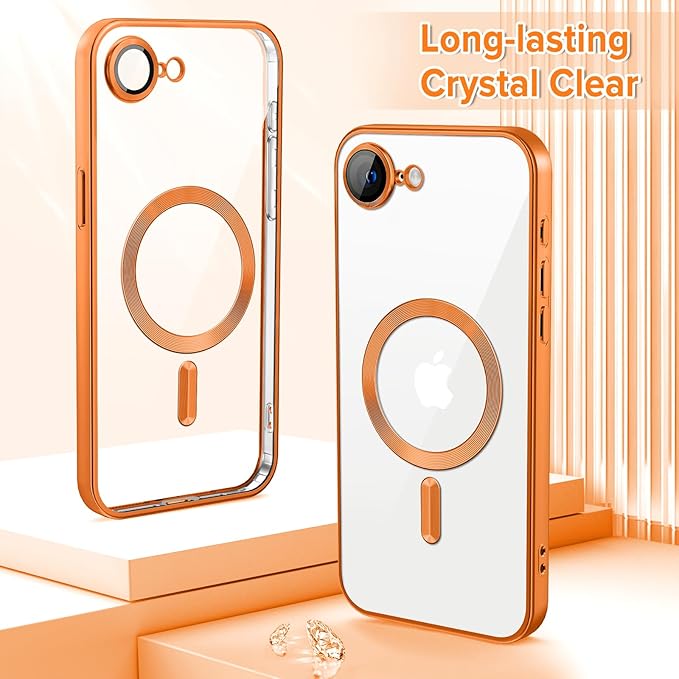 Hython Magnetic Clear for iPhone 16e Case with Camera Lens Protector [Compatible with MagSafe] Luxury Plating Edge Slim Soft TPU Cover Protective Phone Case for iPhone 16e 6.1", Matte Orange