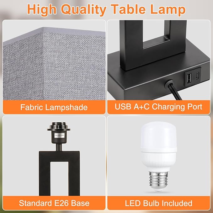 Seealle 22" Tall Living Room Lamps for Night Stands - Touch Bedside Lamp with USB C+A, 3 Way Dimmable Bedroom Lamps for End Tables Set of 2, Modern Night Stand Lamps for Bed Side(Grey&Black)