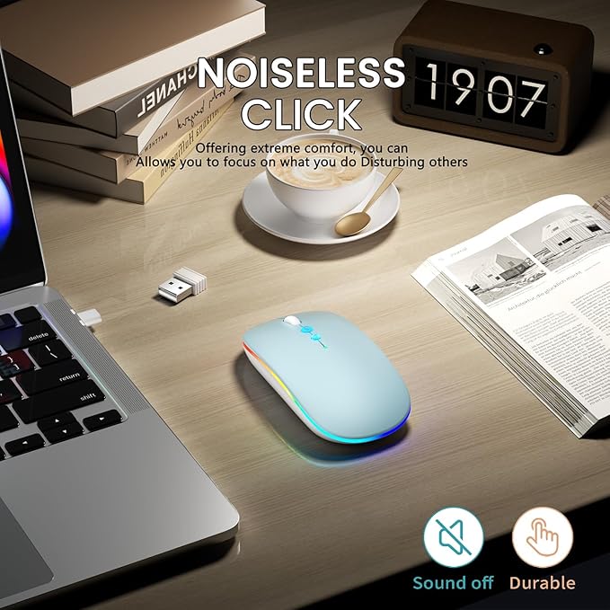 Halpilt LED Wireless Mouse A100S Rechargeable Portable Silent Mouse with Optional USB and Type-C Receiver 3-Speed Adjustable DPI for PC/Mac/Laptop (Frosted Blue)