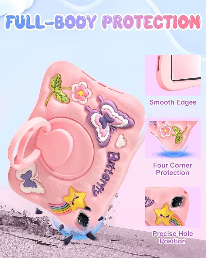 Kidcube for iPad Air 11 Inch Case M3 2025 & M2 2024, Pro 11'' 4th/3rd/2nd/1st, Air 5th/4th Generation Case - Girls Cute Girly Kawaii 3D Butterfly Design with Rotating Stand & Strap Silicone Teen Cover