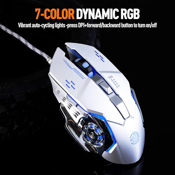 Guiheng Wired Gaming Mouse, Optical USB Mice for Laptop/Desktop, 1200 to 3600 and RGB Light, Ergonomic with 6 Programmable Buttons for Computer Windows 7/8/10/XP Vista Linux Chromebook PC (White)