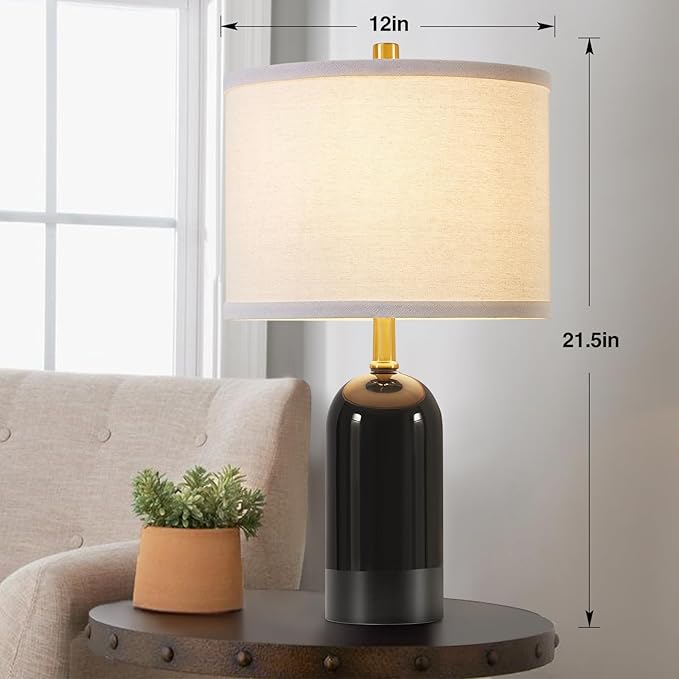 GyroVu Modern Ceramic Table lamp Set of 2, Black Bedside Lamp 21.5" Tall Nightstand Lamp End Table Lamps for Living Room Bedroom (Bulbs Included)