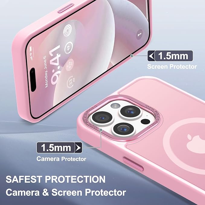 Newfuture Magnetic for iPhone 15 Pro Case [Compatible with Magsafe] [Military Grade Drop Protection] Translucent Matte Anti-Fingerprint Shockproof Phone Case for iPhone 15 Pro 6.1 inch, Chalk Pink