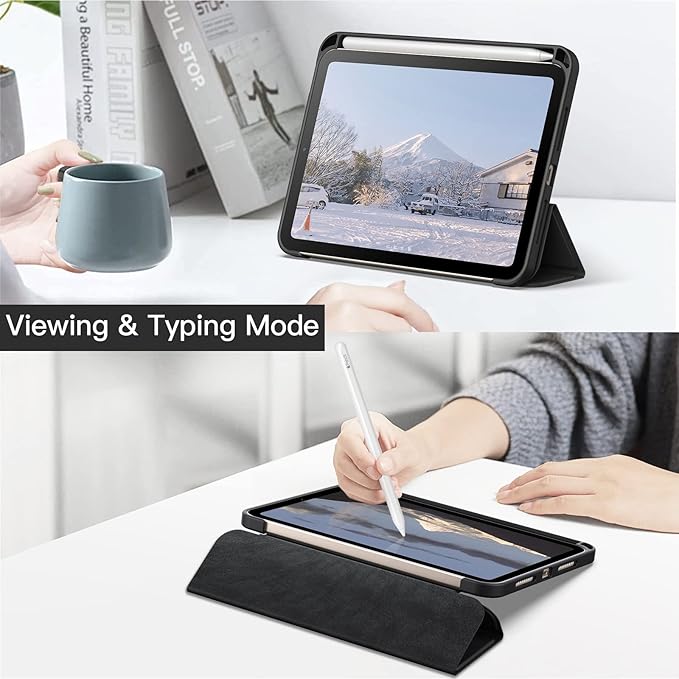 JETech Case for iPad mini (A17 Pro, 2024 Model, 7th Generation) / mini 6 (2021 Model, 6th Generation) with Pencil Holder, Clear Back Shell Stand Shockproof Tablet Cover, Auto Wake/Sleep (Black)