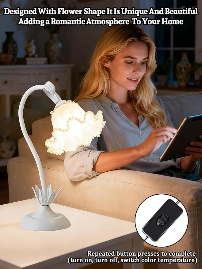Flower Table Lamp Bedside Lamps LED Reading Light,3 Color Modes Cute Small Lamp,Vintage Flower Lamp Kawaii Table Lamp for Bedroom Living Room Office Dorm Desk Home Decor (Pearl White lamp)