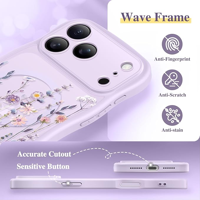 GVIEWIN for iPhone 17 Pro Case Compatible with MagSafe [Curly Wave Edge][Full Camera Protection] Floral Translucent Shockproof Magnetic Women Phone Case for iPhone 17 Pro 6.3'', Floratopia/Purple