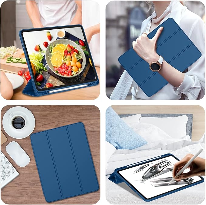 iMieet New iPad Pro 12.9 Case 2022(6th Gen)/2021(5th Gen) with Pencil Holder [Support iPad 2nd Pencil Charging/Pair],Trifold Stand Smart Case with Soft TPU Back,Auto Wake/Sleep(Navy Blue)