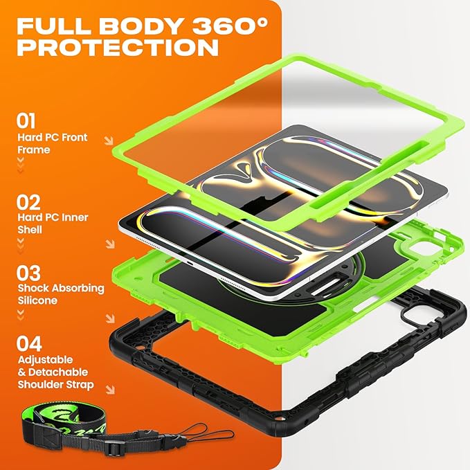 SEYMAC stock Case for iPad Pro 13-inch M5-M4 2025-2024, Shockproof Heavy Duty Case with Screen Protector, Pencil Holder, Rotating Stand, Hand Strap, Shoulder Strap, Green