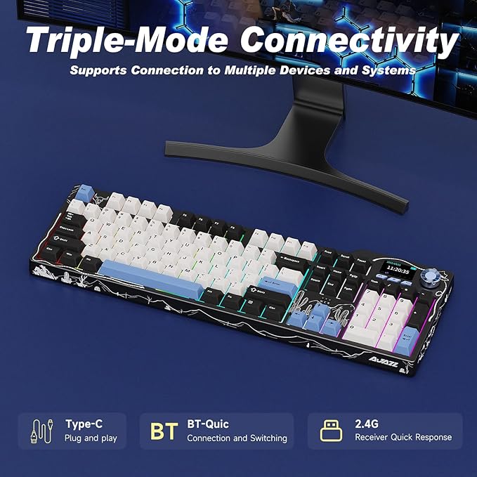 DAIDAI×AJAZZ AK35I V3 Full Size Hot Swap Mechanical Gaming Keyboard with Screen & Knob 2.4G/BT/USB-C Gasket Keyboard FR4 Plate 8000mAh Battery South Facing LED RGB (Avocado Axis)