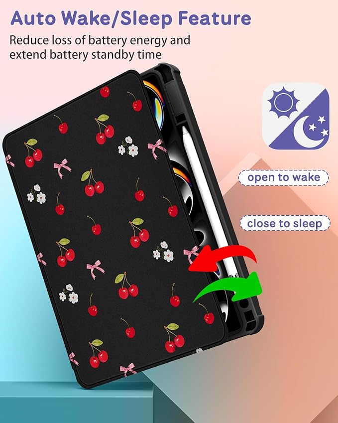 Uppuppy for iPad Pro M4/M5 Case 13 inch - 360 Degree Rotating Stand Folio Smart Cover with Pencil Holder for Women Girls, Cherry and Bow Flowers for iPad Pro 13 inch Case 2024 M4/2025 M5