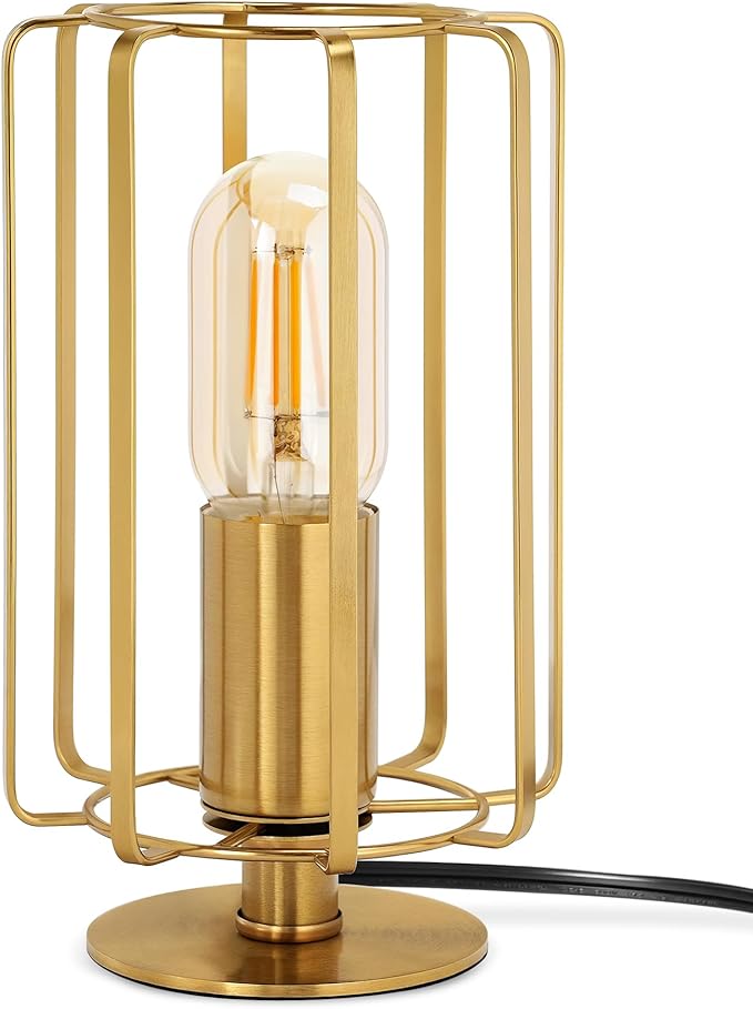 Industrial Table Lamp, 8.5" Small Brass Table Lamp with Dimmable 2400K Warm Light LED Bulb, Vintage Brass Desk Lamp, Gold Bedside Lamp for Bedroom, Study, Office, Small Space, D05TL05