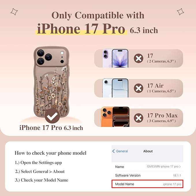 GVIEWIN for iPhone 17 Pro Case Compatible with MagSafe [Curly Wave Edge][Full Camera Protection] Floral Translucent Shockproof Magnetic Women Phone Case for iPhone 17 Pro 6.3'', Floratopia/Brown