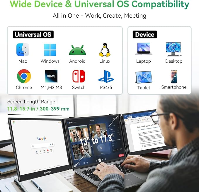 Blackview Laptop Screen Extender, 14" 1080P FHD IPS Triple Portable Monitor, Ultra-Slim Travel Dual Monitor Fit for 13"-17.3" Laptops, USB-C Plug&Play Extended Screen for Windows/Mac/Android/Switch