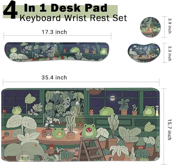 Cute Frog 4 in 1 Large Mouse Pad Set, Kawaii Extended Mouse Pad Set Desk Pad Easy Typing for Typing Office Game 35.4 x15.7 in - Kawaii Frog