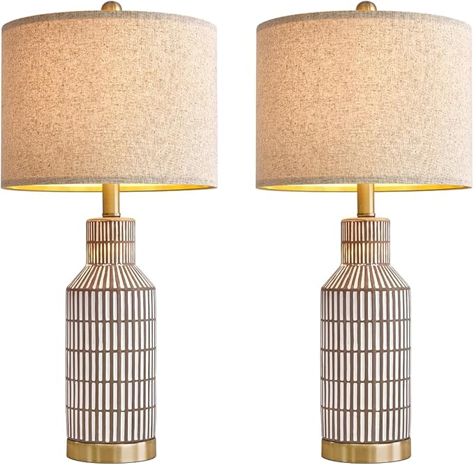 USumkky 25" Table Lamps Set of 2, Modern Ceramic Bedside Lamps - Farmhouse Brown Nightstand Lamps for Bedroom, Boho Living Room End Table & Office Desk Decor