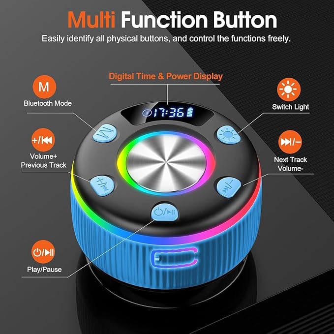Bluetooth Shower Speaker, IP7 Waterproof Portable Bluetooth 5.3 Speakers with Suction Cup, Mini Wireless Speaker with RGB Lights Time Display, Loud Stereo Sound for Bathroom Beach Outdoor Party, Azure