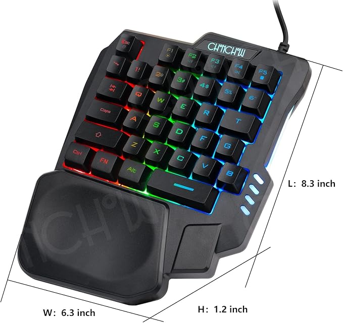 CHONCHOW One Handed Gaming Keyboard, 35 Keys, Rainbow LED, Wired USB, Ergonomic with Wrist Rest, Mini Portable, PS4/PS5/Xbox/PC/Laptop Compatible